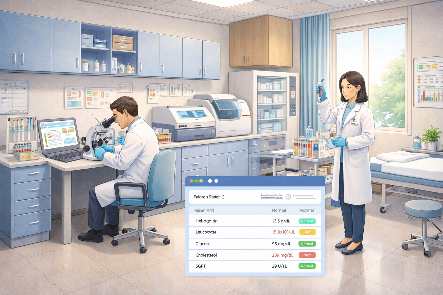 Antarmuka modul laboratorium dengan ringkasan hasil pemeriksaan